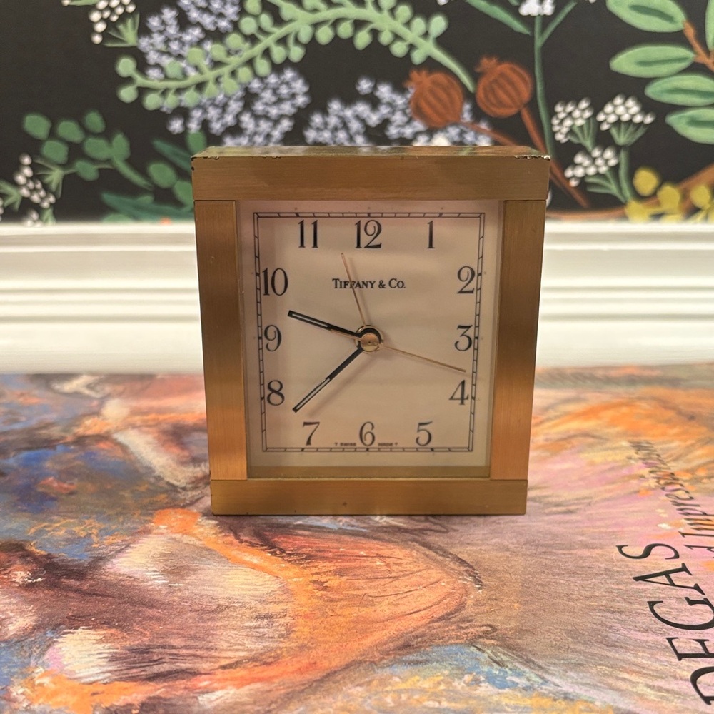 Tiffany & Co. Vintage Gold Square Brass Desk Clock with White Dial